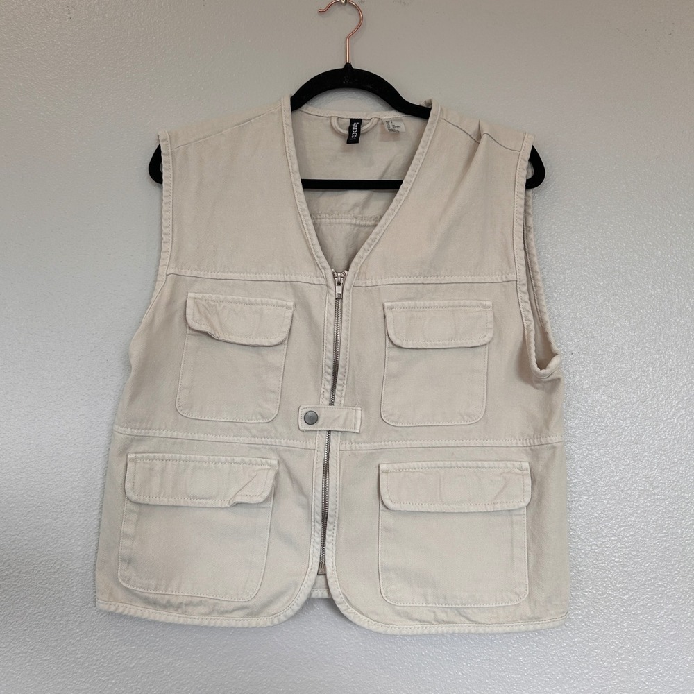 H&M Divided Utility Vest Beige Tan Cotton Zip Cargo Pocket Gorpcore Mens Small